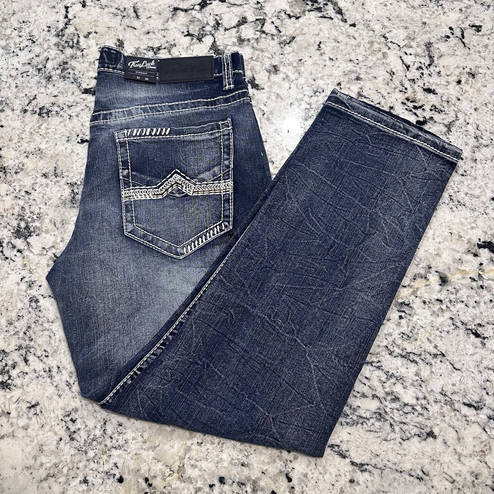 NWT True Luck Men Classic Stretch Straight Jeans 32x30 (33x29.5)‎ Thick Stitch